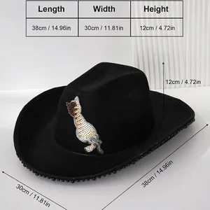 Black western cowboy hat with sequined cat and pearl trim, shown with dimensions.