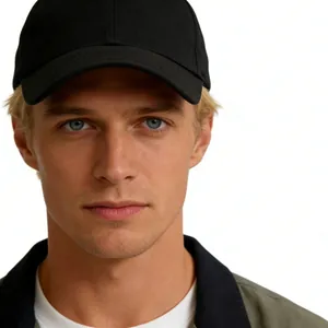 Professional model wearing a classic black hard-top baseball cap for large head sizes