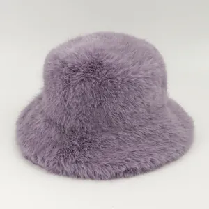 Detail view of a luxury lavender plush bucket hat for stylish winter protection
