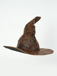 Detailed close-up showing the vintage brown cracked leather texture of this wizard hat