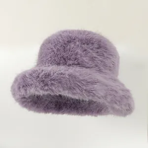 Detailed macro view showing the soft plush texture of a purple faux fur bucket hat