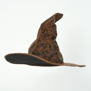 Vintage brown distressed wizard hat with cracked leather texture for Halloween cosplay.