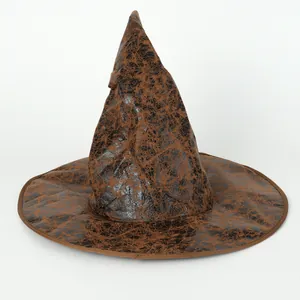 Classic brown cracked leather wizard witch hat for Halloween cosplay party costumes.