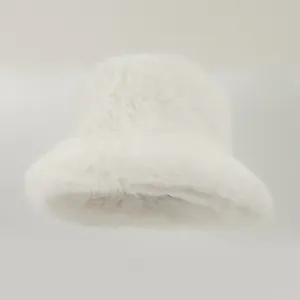 Detailed view of a soft white fluffy faux fur bucket hat for women winter fashion