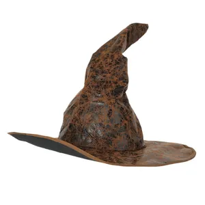 Vintage brown distressed leather-look wizard witch hat for Halloween cosplay party costumes