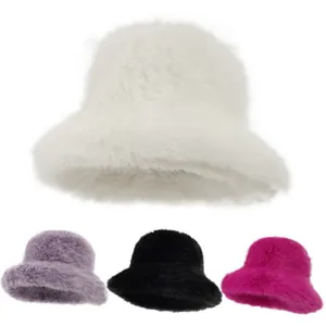 Luxurious Women Faux Fur Bucket Hat Winter Warm Plush Fluffy Solid Color Cloche Hat Fashion Commuting Outdoor Headwear