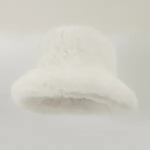 Fashionable white plush faux fur bucket hat for women, soft warm winter accessory