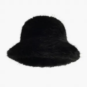 Luxury black faux fur bucket hat for women, stylish and warm winter fashion accessory