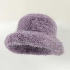 Elegant plush purple faux fur bucket hat for women, soft winter warm stylish headwear