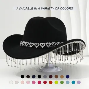 Women Cowboy Hat Elegant Rhinestone Fringe Heart Gem Polyester Fedora Party Wedding Stage Performance Western Dress Hat