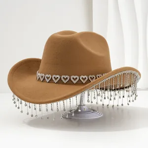 Elegant camel cowboy hat with heart-shaped rhinestones and sparkling crystal tassels