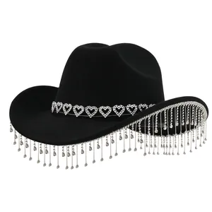 Elegant black women's cowboy hat with heart crystal band and dangling rhinestone fringe