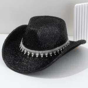 Glitter Cowboy Hat With Rhinestone Tassel Belt For Women Wedding Party Bridal Fedora Hat Shiny Polyester Western Style Accessories