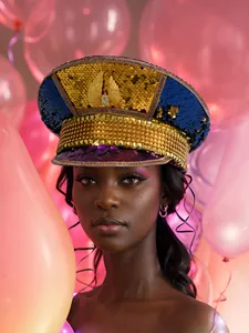 Detailed view of a Y2K stage hat with gold sequins and wings worn by a model