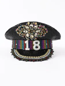 Cappello da palcoscenico Y2K con paillettes nere, fiore di gioielli e numero 18 festa