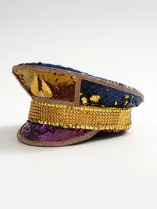 Detailed view of Y2K stage hat with sequins, golden metal wings and purple gems