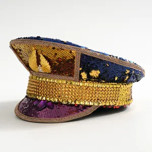 Vibrant Y2K stage captain hat with gold metal wings, colorful sequins, and purple gems