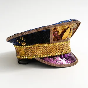 Shining Y2K stage hat with sequins, golden metal wings and purple rhombus gems.