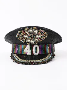 Cappello da festa in paillettes nere con strass arcobaleno e numero 40 di perle