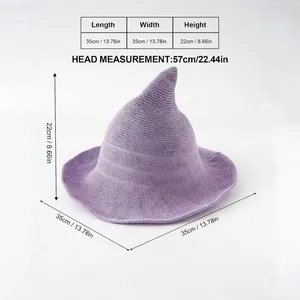 Purple knitted pointed witch hat for Halloween showing detailed size measurements