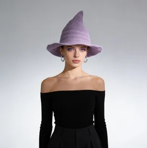 Stylish purple knitted witch hat with pointed top for Halloween costume and cosplay