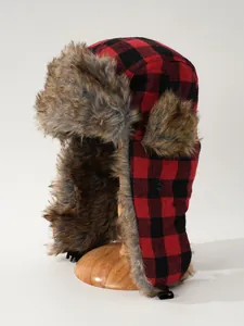 Red and black buffalo plaid trapper hat with warm faux fur lining side view detail