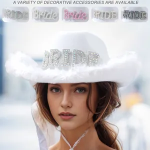 Women's White Western Cowboy Bride Hat with Feather Trim Rhinestone Pearl BRIDE Letters for Wedding Bachelorette Party