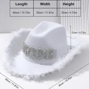 White bridal cowboy hat with rhinestones and feather trim dimensions and size info