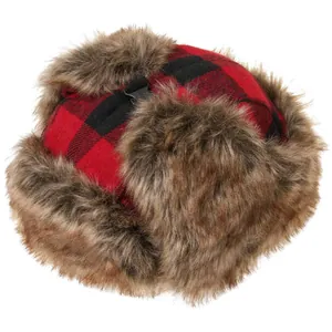 Red and black buffalo plaid trapper hat with brown faux fur lining and buckle strap.