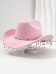 Elegante roze vilten cowboyhoed met fonkelende strass-fanjes en biesdetails
