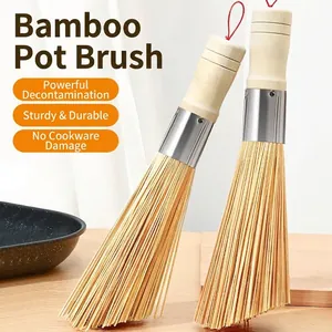 Natural Bamboo Pot Brush Wood Handle Stainless Steel Kitchen Scrubber Durable Scouring Tool for Pan Dish Cleaning