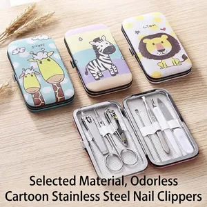 Cartoon Stainless Steel Manicure Kit Giraffe Lion Animal Print Portable Pedicure Tools Set With PU Leather Case Grooming Set