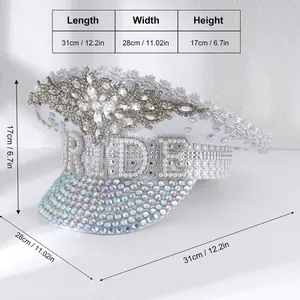 Luxurious white party hat with pearl BRIDE lettering and rhinestone embellishments