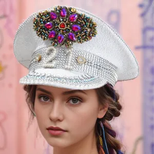 Sombrero de Capitán de Lentejuelas Blancas de Lujo Perla Artificial Número 21 Sombrero de Escenario Decoración de Flores de Strass Retro Europeo para Fiesta de Cumpleaños Unisex