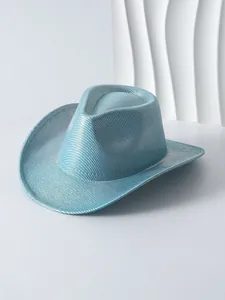 Close-up view of a stylish light blue metallic textured cowboy hat for women