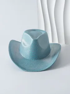 Shiny blue metallic women's cowboy hat featuring a detailed textured grid pattern