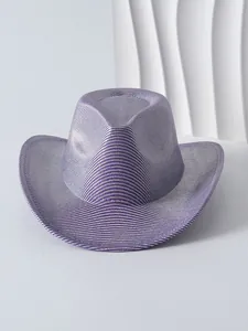 Detail shot of a women's purple metallic striped cowboy hat with shimmering finish.