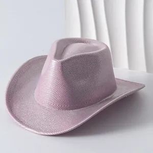 Women Metallic Luster Cowboy Hat Wide Brim Sun Protection Polyester Fedora Western Style Fashion Hat For Travel Daily Wear