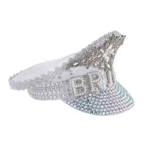 White captain bachelorette party hat with pearl BRIDE lettering and iridescent rhinestones