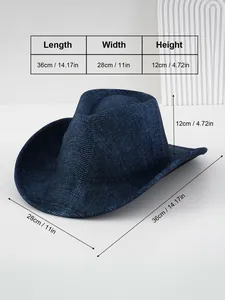 Gedetailleerde afmetingen van de donkerblauwe western cowboyhoed met brede rand in cm en inch