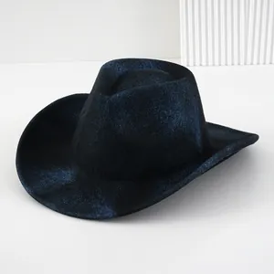 Elegante donkerblauwe fluwelen cowboyhoed met brede rand voor feesten en partijen