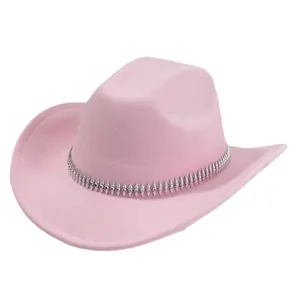Sombrero de vaquero de fieltro rosa con banda decorativa de remaches plateados para mujer