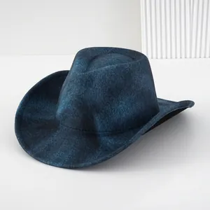 Donkerblauw gemêleerde viltwollen fedora-hoed met brede rand en western afwerking