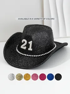 Cappello da cowboy glitterato nero con '21' in perle e borchie argentate