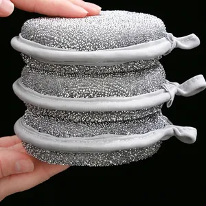 Stack of three silver thickened dishwashing sponges with hanging loops for kitchen use