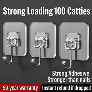 Set of 3 heavy-duty transparent adhesive wall hooks for bathroom and kitchen storage.