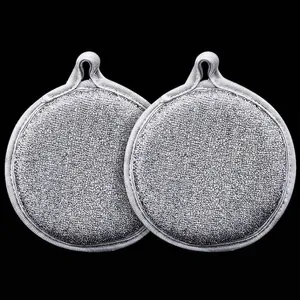 Two round silver scouring pads for pot cleaning with hanging loops
