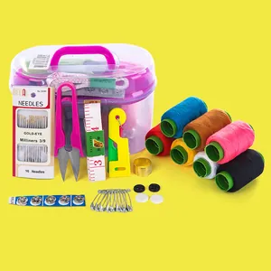 Portable household sewing kit with colorful threads and essential repair tools