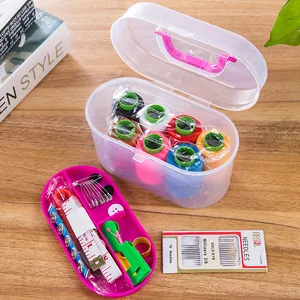 Complete portable sewing kit set with threads and needles in a plastic storage box
