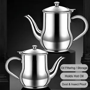 Premium 304 stainless steel oil dispenser pot with fine mesh filter and lid for kitchen
